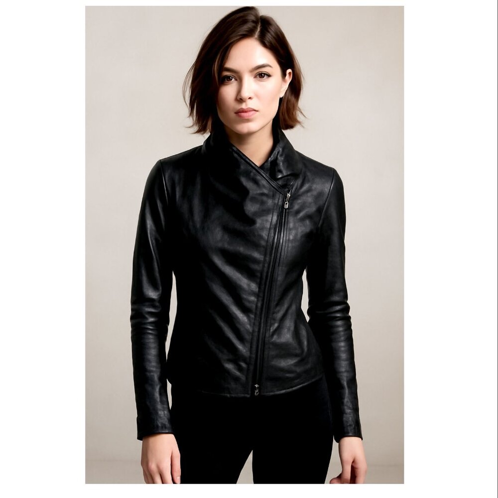 Vince Lamb Leather Moto Jacket Asymmetrical Zip, Knit Panels, Women’s Size M